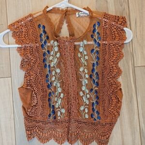 Embroidered Lace Women Top - Brown